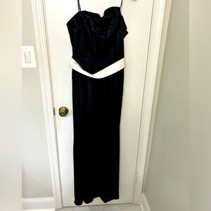 ABS black satin evening gown with ruffled bodice and white sash waist size 10